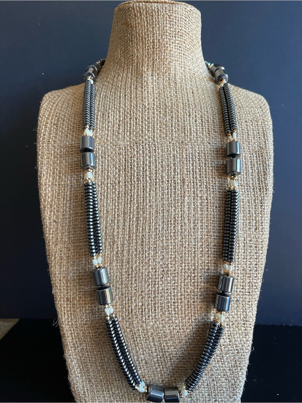 Elegant Hematite ,freshwater pearl gold plated Beaded Long Necklace.